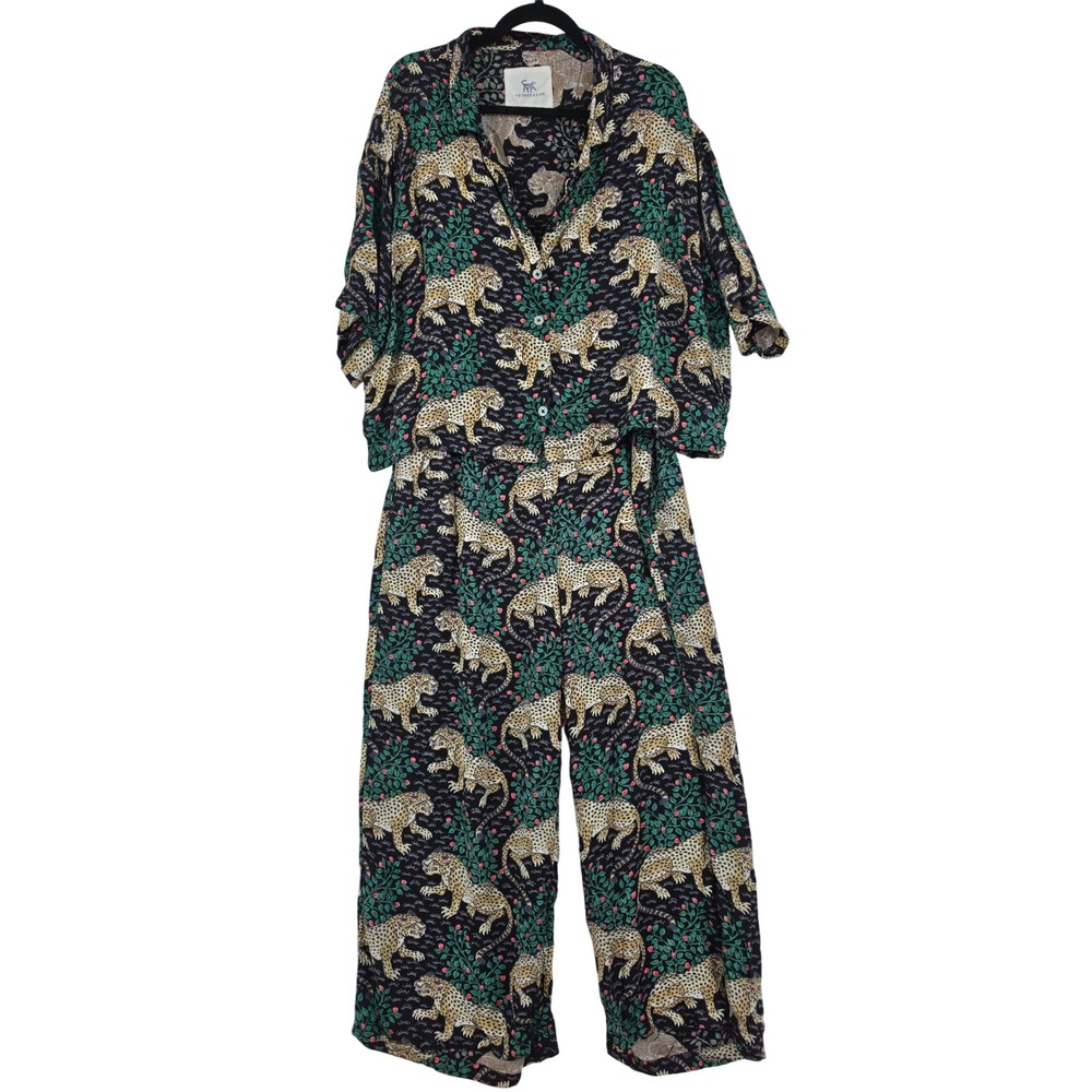 Printfresh Bagheera Leopard Pajama Set Black Viscose Top & Pants Womens Large